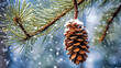 A pine tree branch with snow falling on it and a pine cone on the branch of the tree