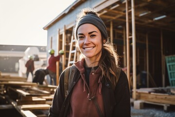 Smiling portrait of a young female caucasian construction worker working on a house construction site