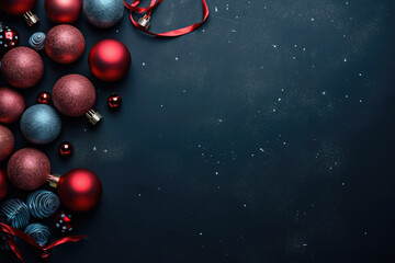 Poster - Christmas ornaments on black background with copy space for design