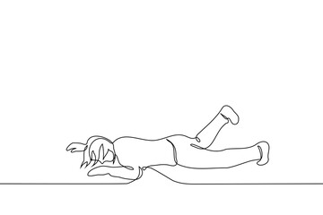 Wall Mural - woman fell to the ground or floor with her stomach down - one line art vector. concept of losing your balance, tripping and falling or lying on the floor and having a tantrum