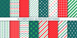 Christmas background. Xmas pattern. Seamless prints with polka dot, candy cane stripes, zig zag, triangle, plaid. Set New year textures. Festive wrapping paper. Red green backdrop. Vector illustration