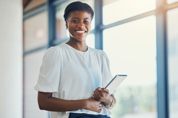 Poster - Tablet, office and portrait of business woman for social media, internet and online research. Corporate, workplace and face of person on digital technology for website, contact us and networking