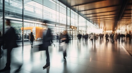 Wall Mural - Long exposure shot of crowd of business people walking in bright office fast moving with blurry, Generative AI