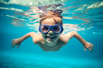 Wall Mural - Young boy with goggles swimming underwater in swimming pool