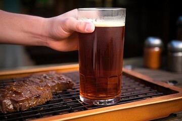 Sticker - hand adjusting a hot grill, amber ale in a pint glass set to the side