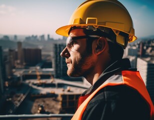 Construction professional safety engineer worker young man at construction site looking at multistorey buildings at sunrise in profile