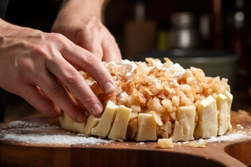 Wall Mural - close-up of a human hand crimping the crust on an apple pie