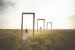 woman imagines herself running through surreal doors in a field, abstract concept