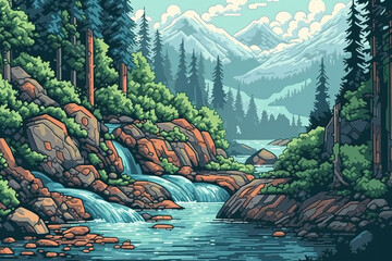 Wall Mural - Pixel art landscape style with river rapids, stream and forest with mountains on background