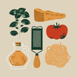 Italian pasta ingredients. Spaghetti and parmesan cheese with tomato and basil. Food textured composition. Vector illustration