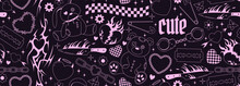 Y2k Emo Goth Seamless Banner. Background With Old Bear And Bunny Toys, Hearts, Spikes, Tattoo, Flame, Knife Doodles In 2000s Style. Black And Pink Outline Glam Gothic Pattern. Vector Design