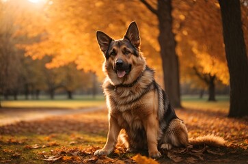 German Shepherd outdoors in a park in autumn season during late autumn sunset with a sun flares in the background. Generative AI.