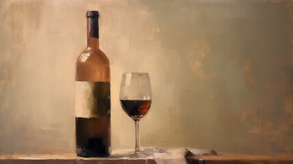 Wall Mural - a bottle of wine and a glass of classic oil painting.