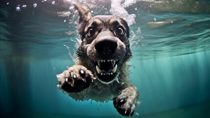 a freediver dog dives in clear water in summer.