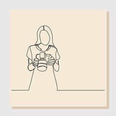 Wall Mural - Continuous single line sketch hand drawn drawing of professional woman photographer take picture use camera. One line art concept of photography. Vector illustration