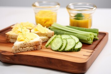 Sticker - sandwich with eggs, cheese, and cucumber on a wooden tray