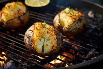 Poster - close-up of baked potatoes being removed from a hot campfire