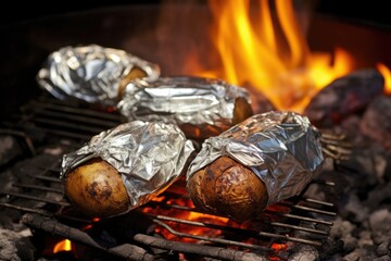 Wall Mural - foil-wrapped baked potatoes nestled in smouldering campfire coals