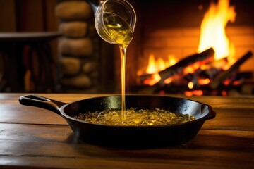 Sticker - pouring oil into a hot skillet in front of a roaring fire