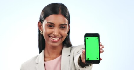 Sticker - Business woman, phone and green screen in advertising or marketing against a studio background. Portrait of happy female person or employee smile showing mobile smartphone app display or mockup space