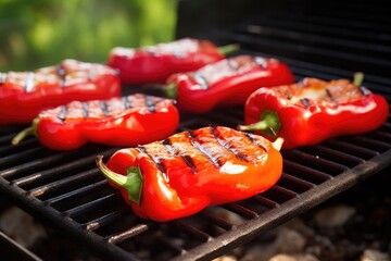 Poster - red bell peppers grilling on a barbeque