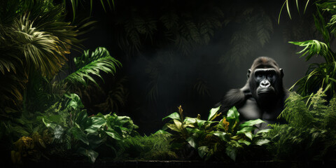 Wall Mural - Wooden podium in tropical forest with a gorilla for product presentation and green wall.