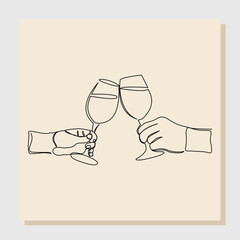 Wall Mural - continuous single one line sketch hand drawn drawing of hand cheering and holding glass wine liquor. Vector illustration