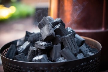 Poster - charcoals lit in a chimney starter placed on a brick surface