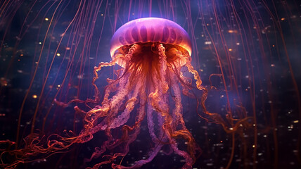 Poster - fantastic glowing jellyfish, ocean alien underwater creature.