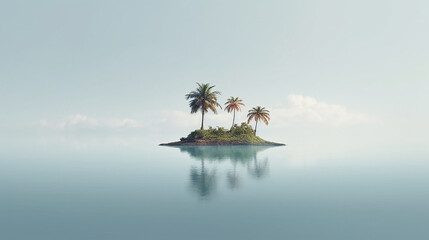 lonely little island with palm trees in the sea minimalism landscape.