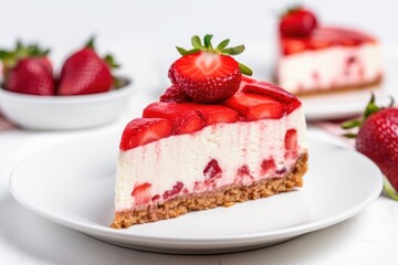 Canvas Print - close-up of a slice of strawberry cheesecake on a white plate