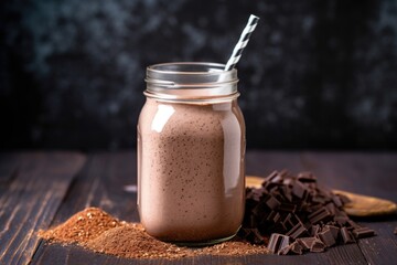 Poster - a chocolate milkshake in a jar with a metal straw