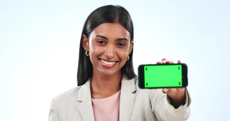 Sticker - Business woman, phone and green screen in marketing or advertising against a studio background. Portrait of happy female person or employee smile showing mobile smartphone app display or mockup space