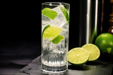 Wall Mural - vodka tonic with a wedge of lime in a highball glass