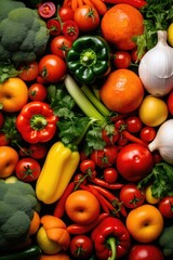 Wall Mural - Close up overhead view of various colourful fresh vegetables.