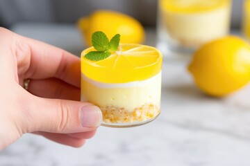 Canvas Print - hand holding a lemon slice over a lemon cheesecake