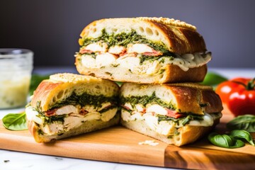 Wall Mural - cross-section view of a stacked chicken pesto sandwich