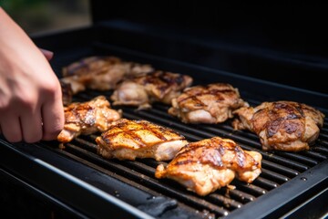 Sticker - cooking chicken thighs on a griddle with a hand flipping them