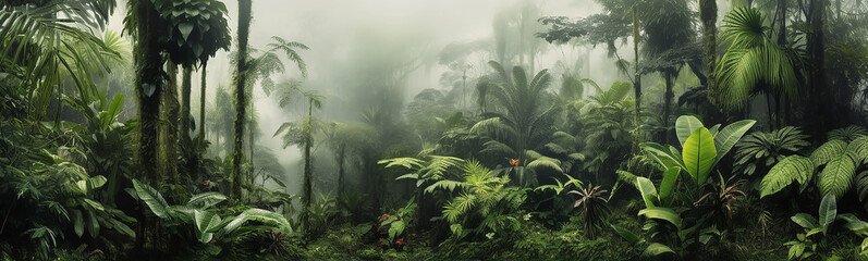 Wall Mural - panorama of the rainforest tree tops in the fog.