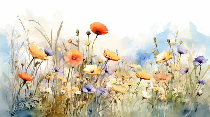 Wall Mural - multicolored wildflowers watercolor field drawing summer.