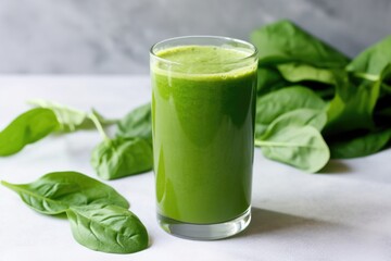 Poster - green juice in a tall glass with spinach leaves