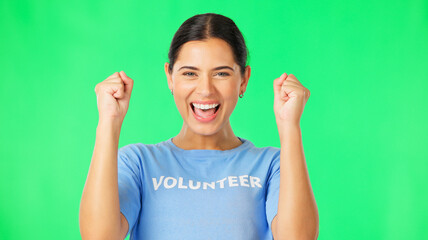 Canvas Print - Volunteer, celebration and portrait of woman on green screen for recruitment, welcome or success in service mock up. Excited, face and girl volunteering with motivation, cheer and energy for charity