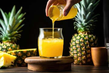 Canvas Print - hand pouring pineapple juice from a bottle into a glass