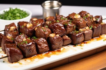 Wall Mural - grilled beef tips with whole garlic bulbs on top