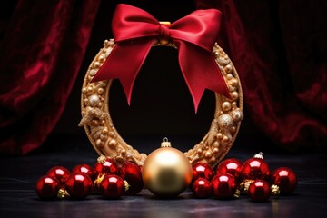 Wall Mural - red velvet ribbon and gold bauble wreath