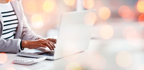 Poster - Laptop, working and business woman by bokeh with document for accounting budget research project. Technology, calculator and closeup of professional female accountant typing on computer in workplace.