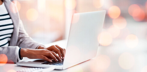 Poster - Laptop, bokeh and business woman doing research with document working on accounting budget project. Technology, notebook and closeup of professional female accountant typing on computer in workplace.