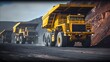 Spot color trucks, two large yellow truck used in a modern coal mine in Queensland, Australia. Trucks transport coal from open cast mine. Fossil fuel industry, Environmental challenge.
