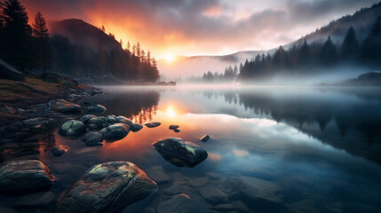 Wall Mural - sunrise over the foggy lake in the mountains, Canada backcountry and Rocky Mountains 