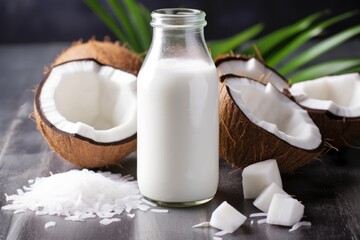 Poster - a bottle of coconut milk on a table, surrounded by ice cubes